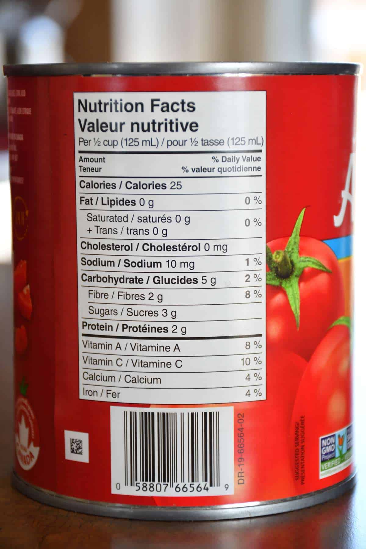 Nutrition label example from a can of diced tomatoes.