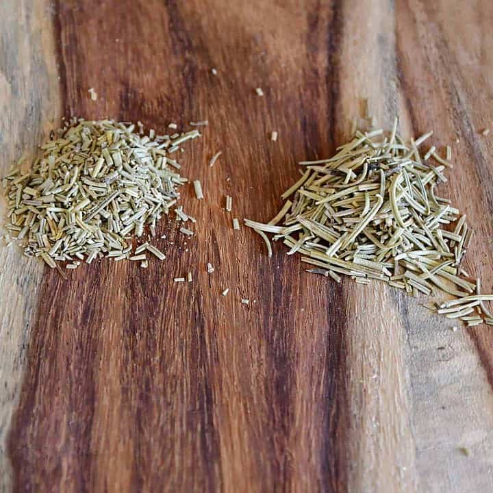 Close-up to show the difference between crushed and uncrushed dried rosemary needles.