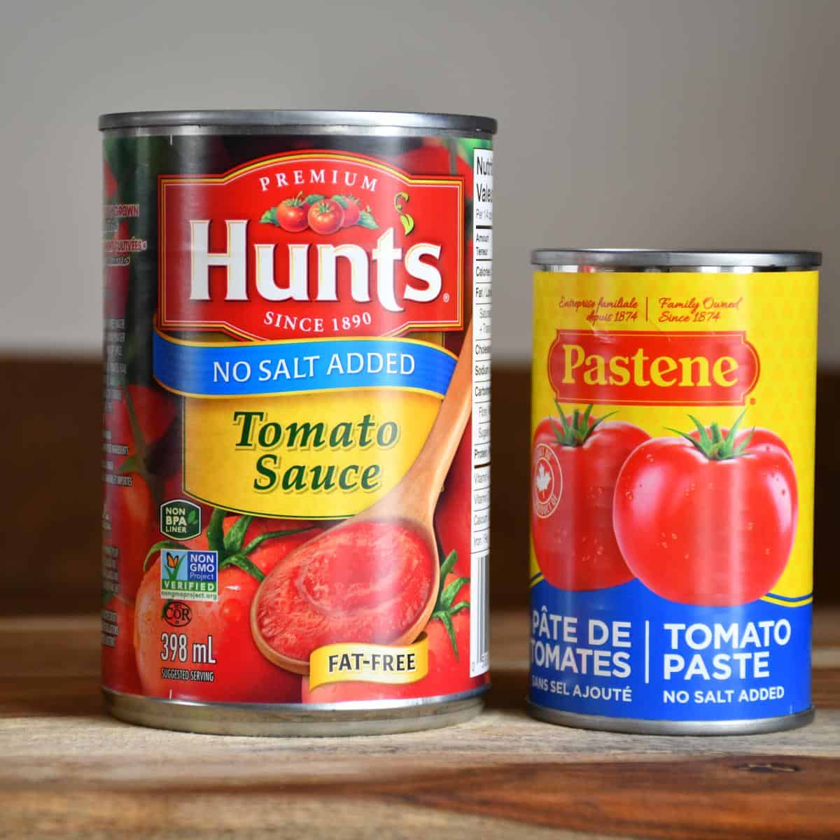Cans of no salt added tomato paste and tomato sauce.