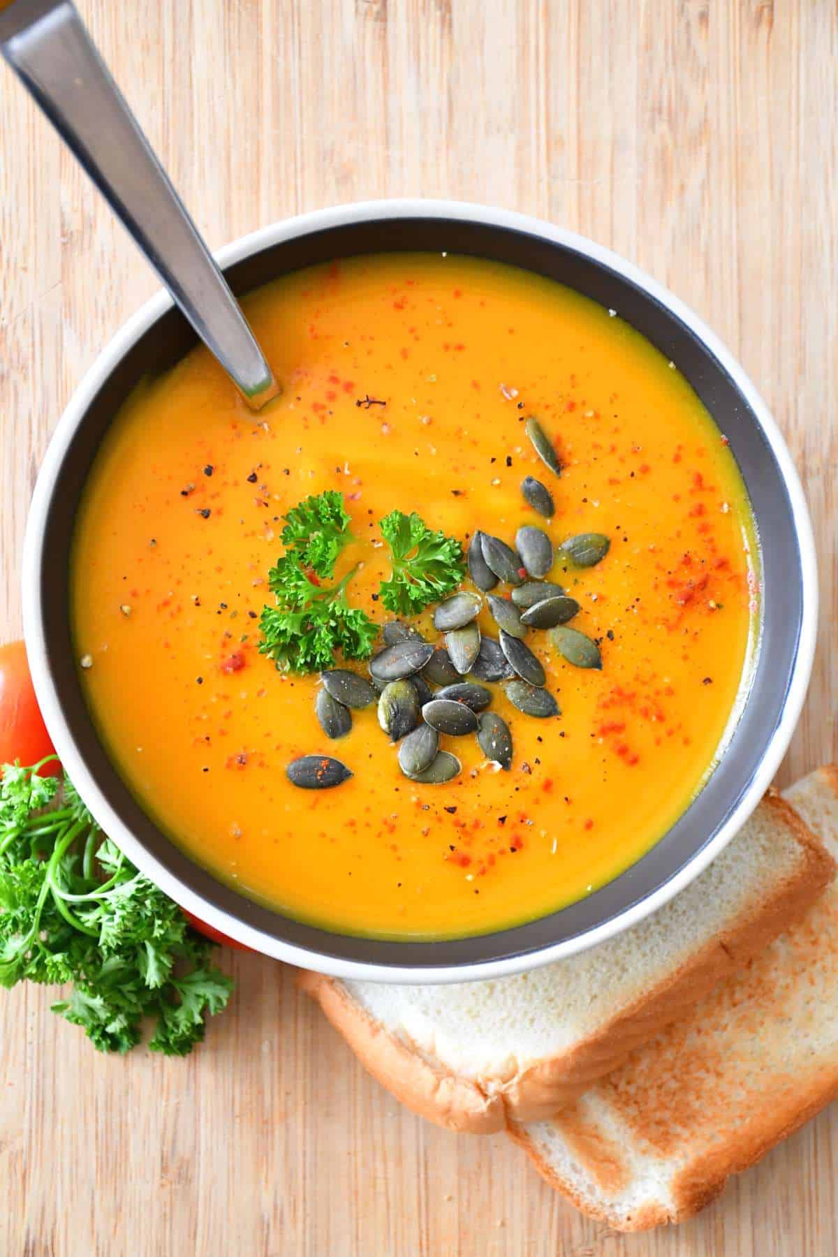 A smoky version of the low sodium butternut squash soup with liquid smoke, spanish smoked paprika and pumpkin seeds.