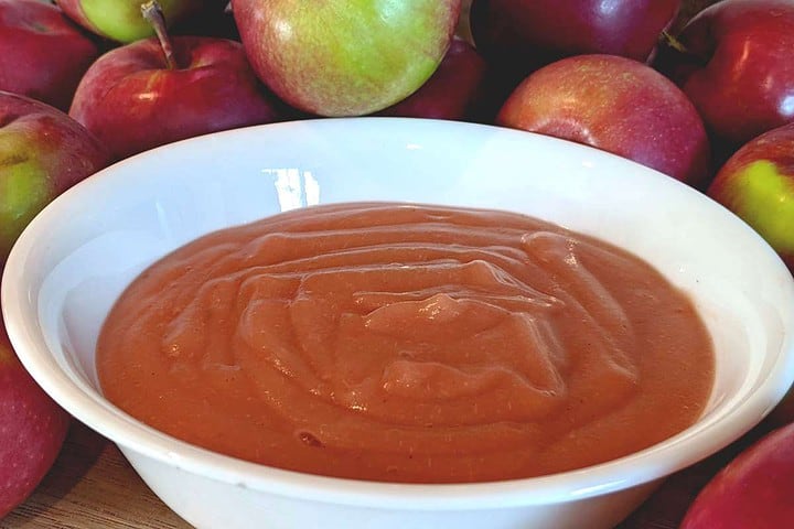 Unsweetened pink applesauce variation made with freshly picked apples.